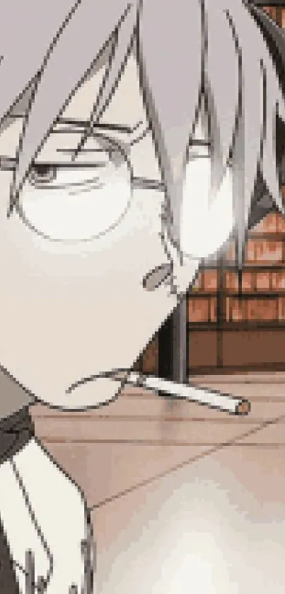 Anime character with glasses, relaxed environment, smoking a cigarette.