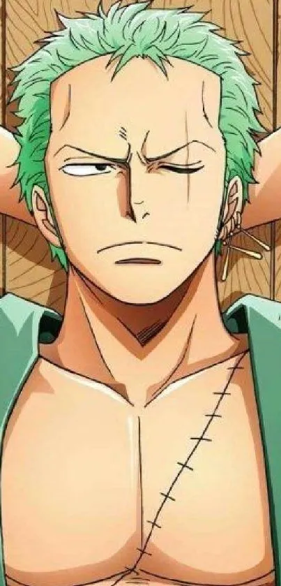 Anime character with green hair, relaxed pose in vibrant setting.