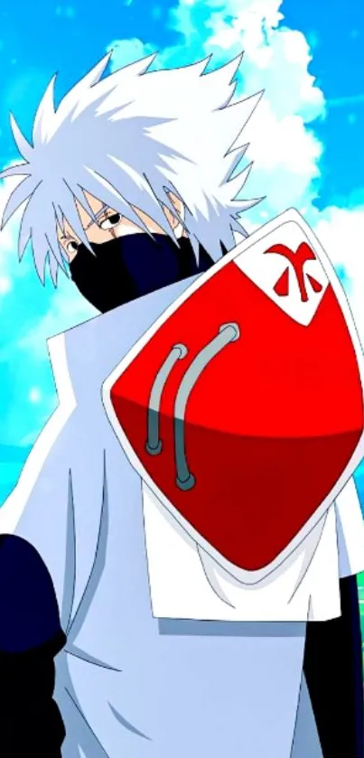 Anime character with white hair and red shield against a blue sky.