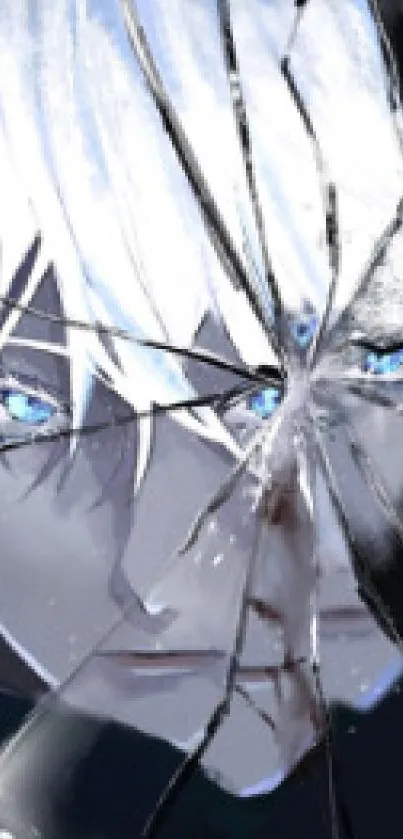 Anime character with shattered glass effect and striking blue eyes.