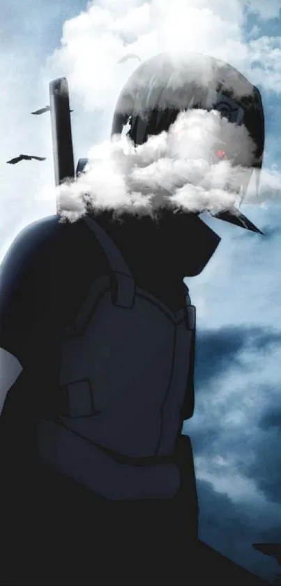 Anime character with red eyes under a cloudy sky, surrounded by birds.