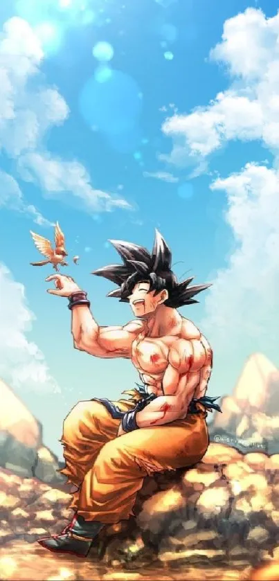 Anime character sitting on rocky terrain under a vibrant sky.