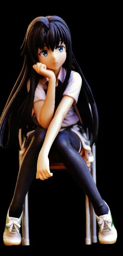 Anime character with long black hair sitting in a chair with a thoughtful look.