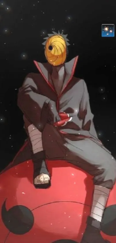 Anime character sitting on a red ball with black background.