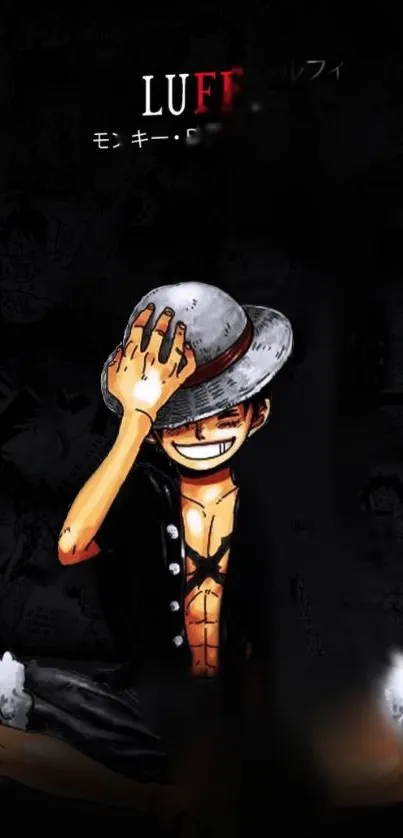 Anime character sitting with a hat against a dark background.