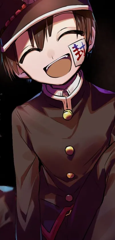 Anime character smiling in dark uniform, cheerful and artistic style.