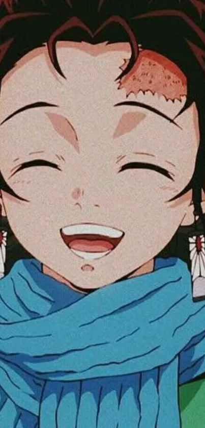 Anime character smiling with a blue scarf.