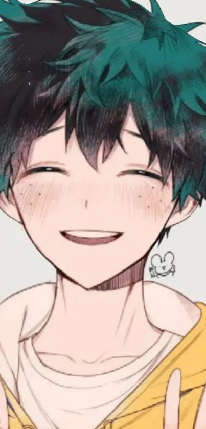 Cute anime character with teal hair smiling in a yellow hoodie.