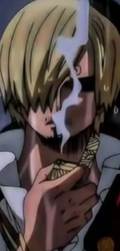 Anime character with blonde hair smoking in dark setting.