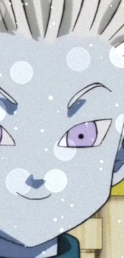 Anime character with gray skin and purple eyes in a snowy effect.