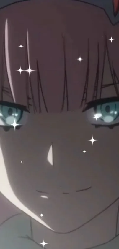 Anime character with teal eyes and sparkles, set on a dark background.