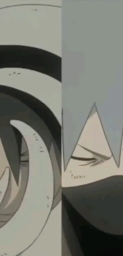 Split anime artwork with two distinct characters in shades of gray.