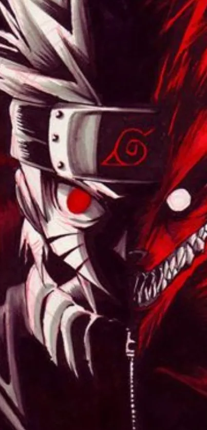 Epic anime wallpaper with red and black design, featuring split-face artwork.