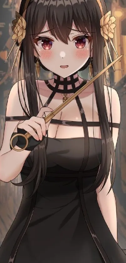 Anime character with sword in a dark olive dress.