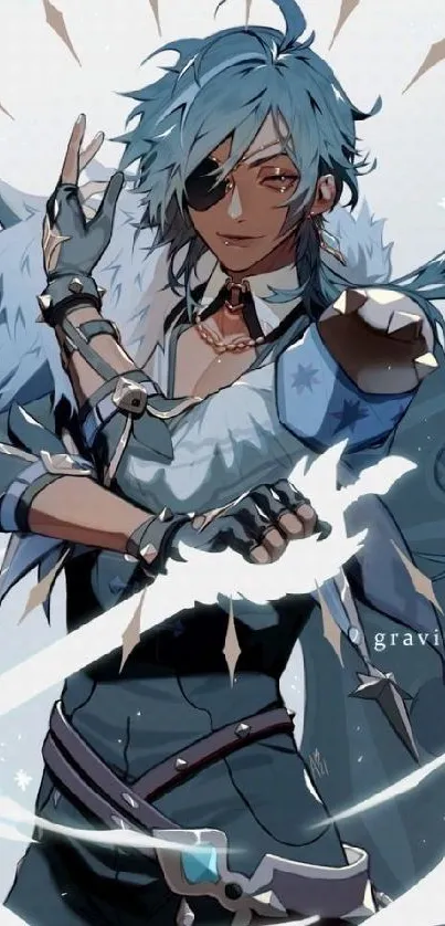 Anime character with sword art in a light blue theme.