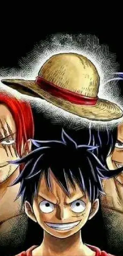 Anime trio with a hat on dark background.