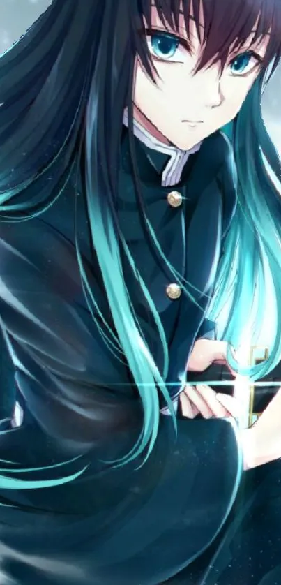 Anime character with turquoise hair, holding a sword, in a detailed digital art style.