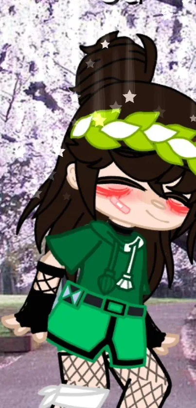 Anime character blushing under cherry blossoms with a green outfit.