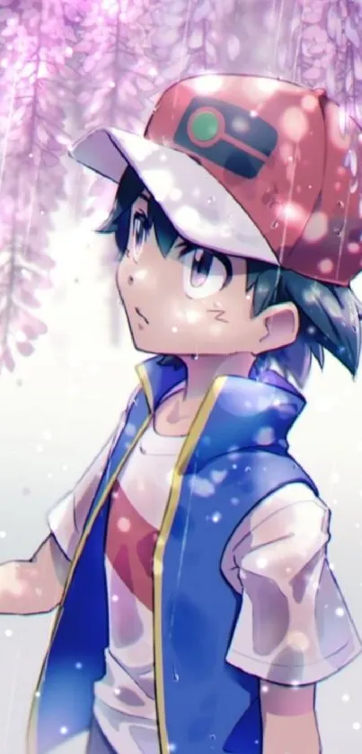 Anime character with cap under purple flowers.