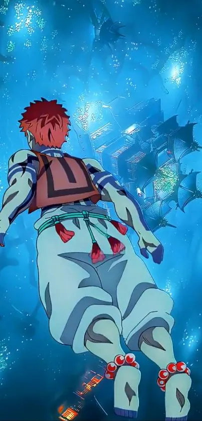 Anime character diving underwater with vibrant blue background.