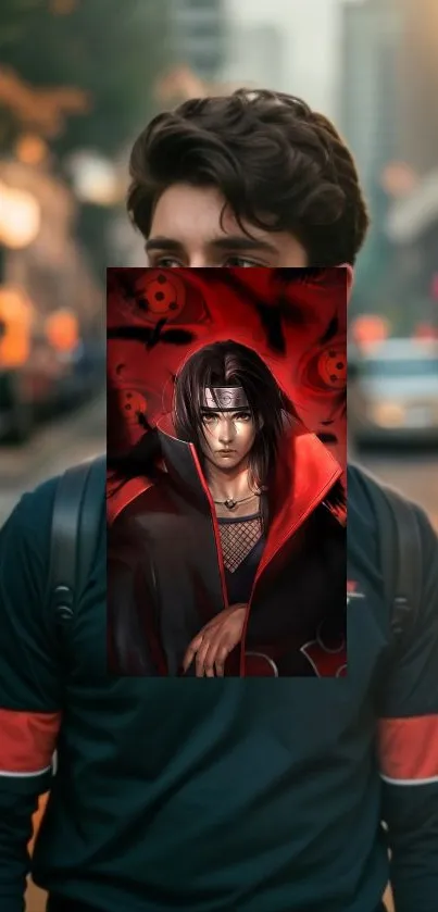 Anime character with red overlay and urban street backdrop.