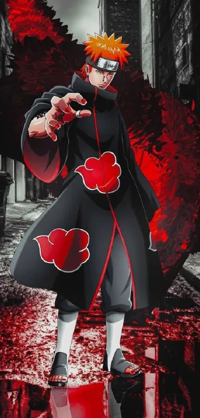 Anime character in red and black cloak in dark urban setting.