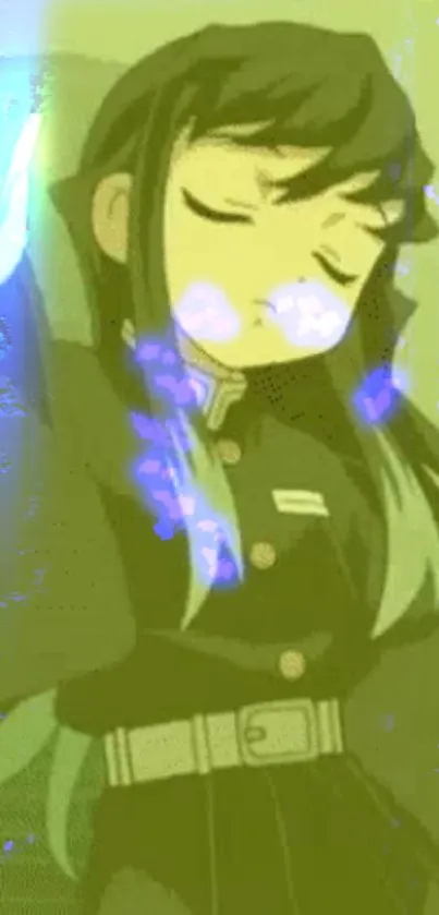 Anime character in lime green with colorful effects.