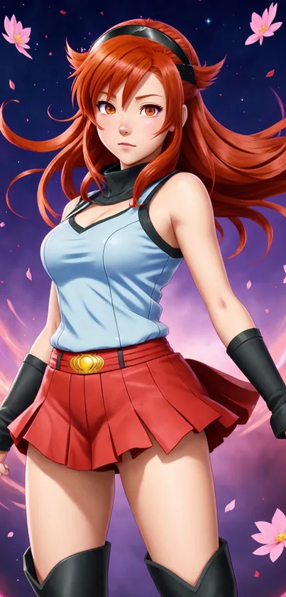 Anime character with red hair and floral accents on a vibrant backdrop.