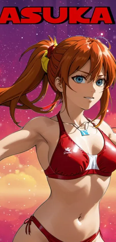 Anime character with red bikini on vibrant background wallpaper.