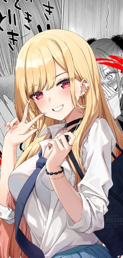 Anime character with blonde hair and a red circle in the background.