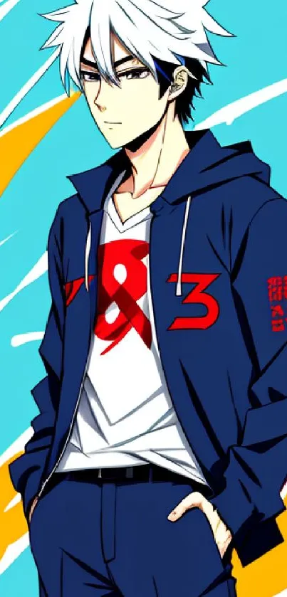 Vibrant anime character in blue hoodie with dynamic background design.