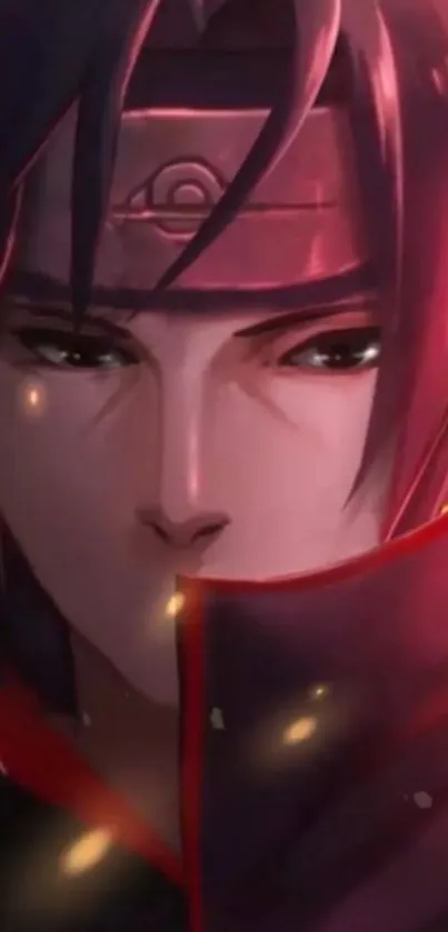 Vibrant anime character with dark red hues and intense expression.