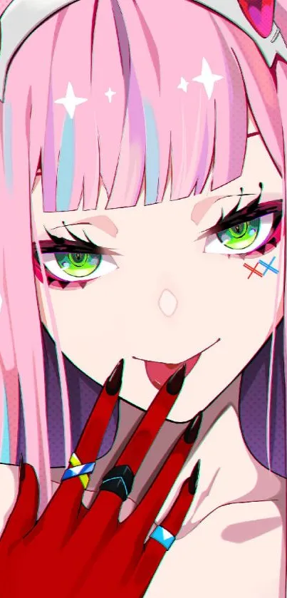 Anime character with pink hair and vibrant green eyes.