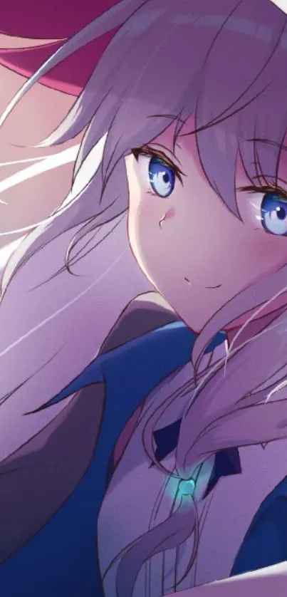 Anime character with blue eyes and flowing white hair in a serene expression.