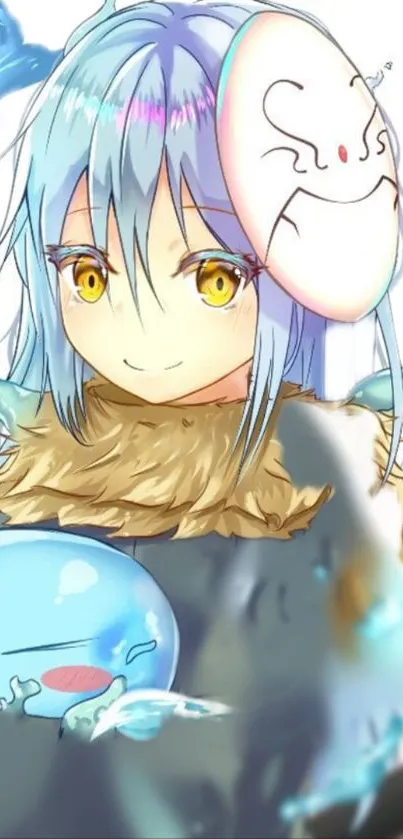 Anime character with blue hair holding a cute creature.