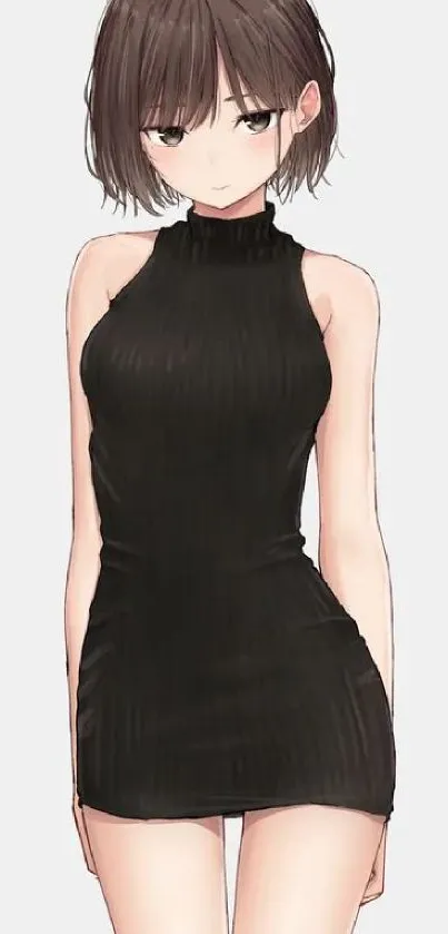 Anime character in a black dress with short brown hair.