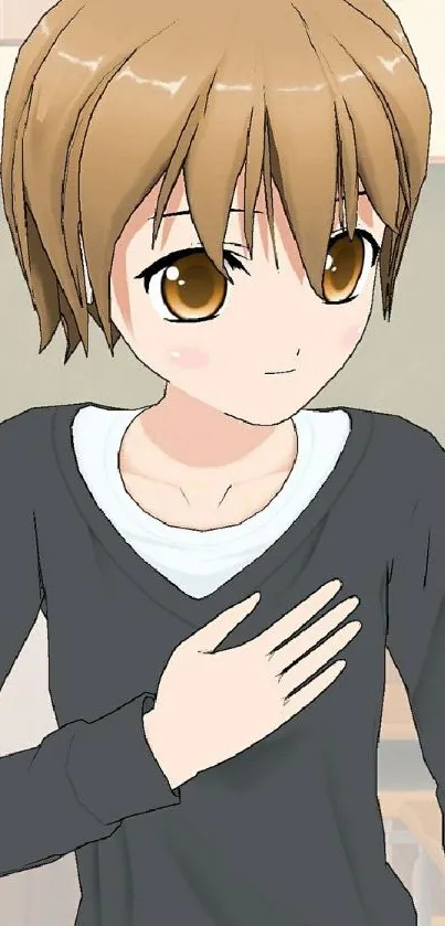 Charming anime character with brown hair and stylish outfit.