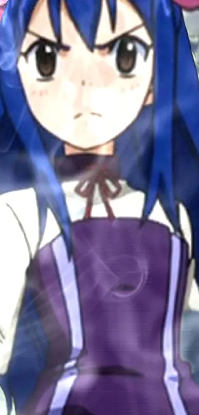 Anime girl with blue hair and a purple dress in a dynamic pose.