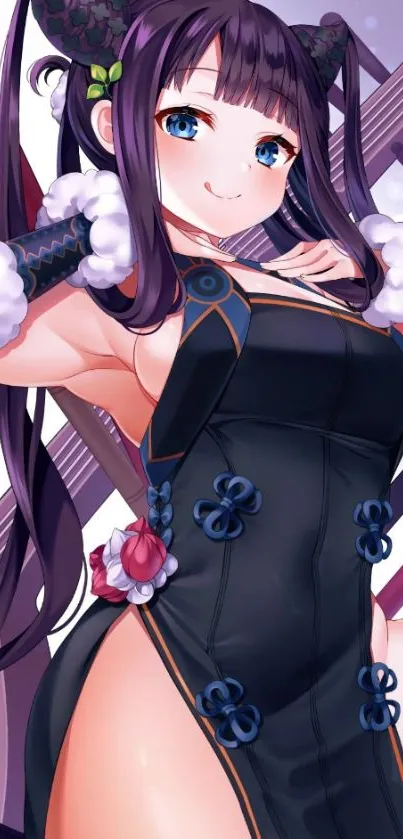 Anime character in stylish outfit with vibrant purple hues.