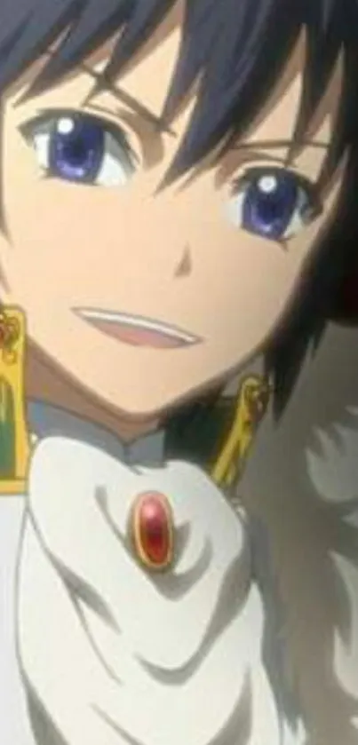 Anime character in ornate attire with dark hair and vivid blue eyes.