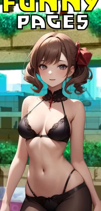 Anime character in lingerie against a city background.