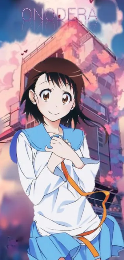 Anime girl with school uniform against blue and pink sky.