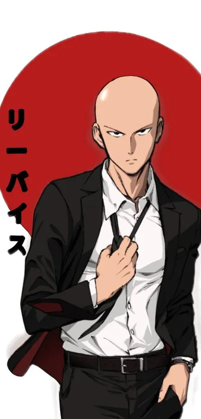 Anime character in a suit with bold red circle background.