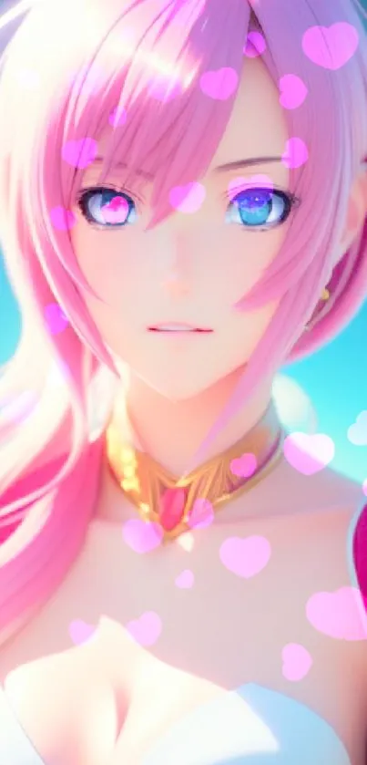 Anime character with pink hair and blue eyes on a mobile wallpaper.