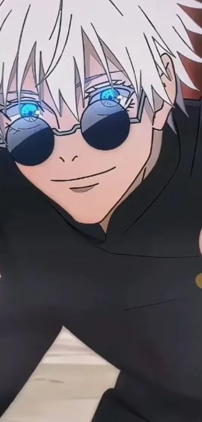 Anime character with glasses in a black outfit and vibrant background.