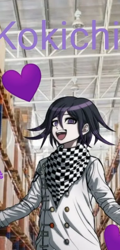 Anime character with purple hearts in a warehouse background.