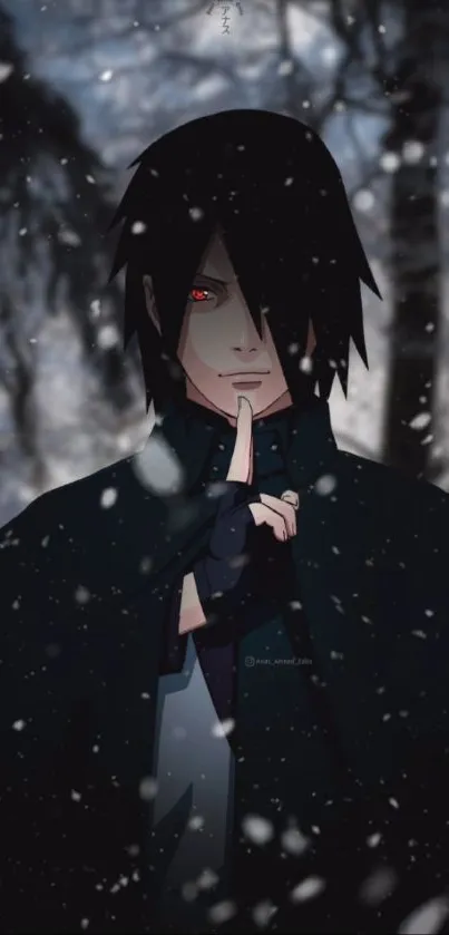 Mysterious anime character in a snowy forest with red glowing eyes.