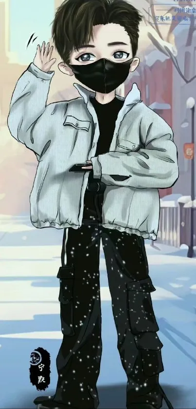 Anime character wearing a mask in a snowy winter urban scene.