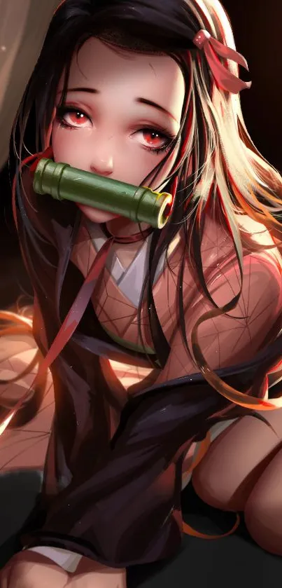 Anime character with bamboo tube and vibrant lighting for phone wallpaper.