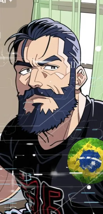 Anime bearded character with Brazil flag overlay.